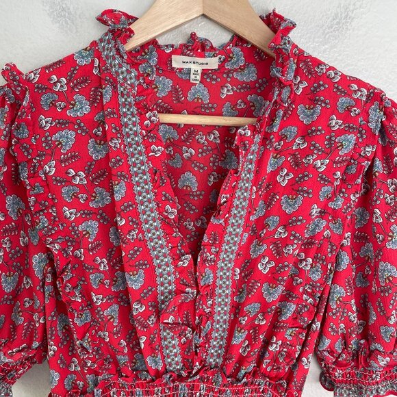 Max Studio Womens Medium Red Floral Maxi Tiered Dress Ruffle Trim Short Sleeve - Picture 7 of 9